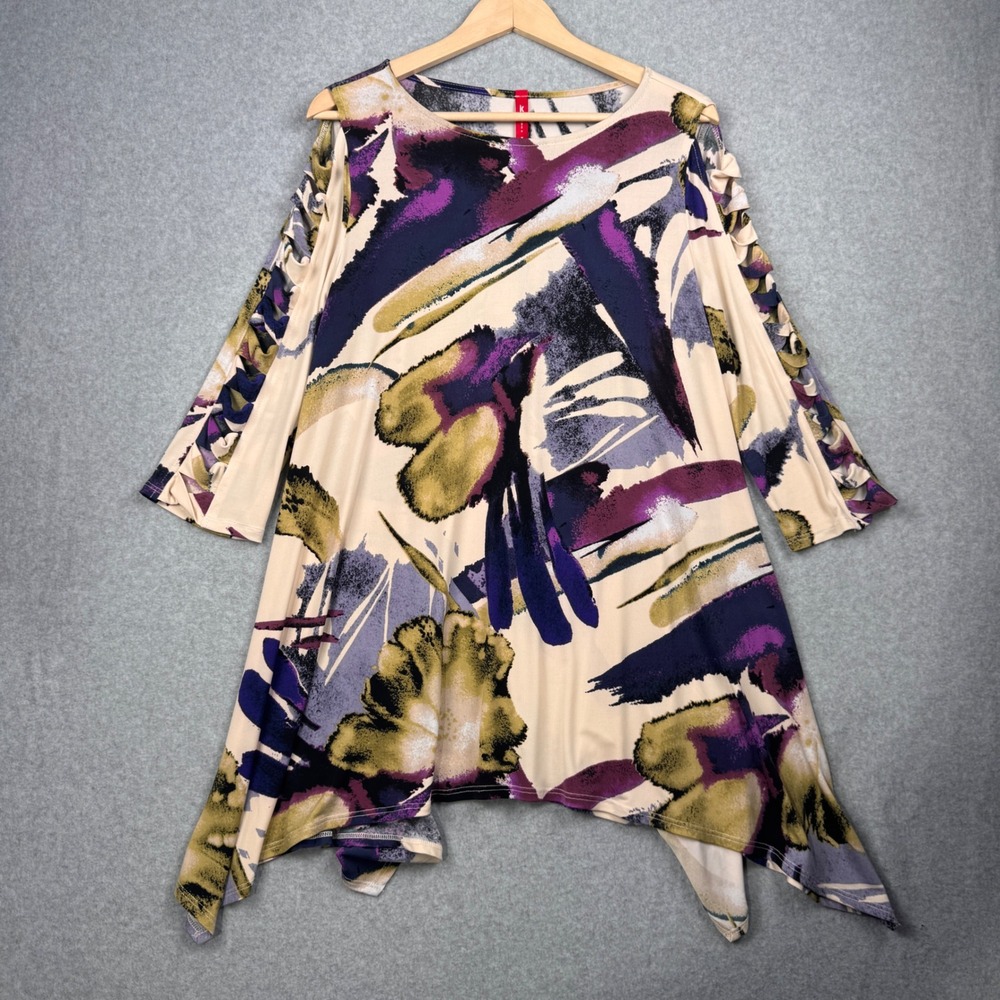 IC by Connie K Tunic Top Womens Medium Purple Green Abstract Cutouts Sharkbite